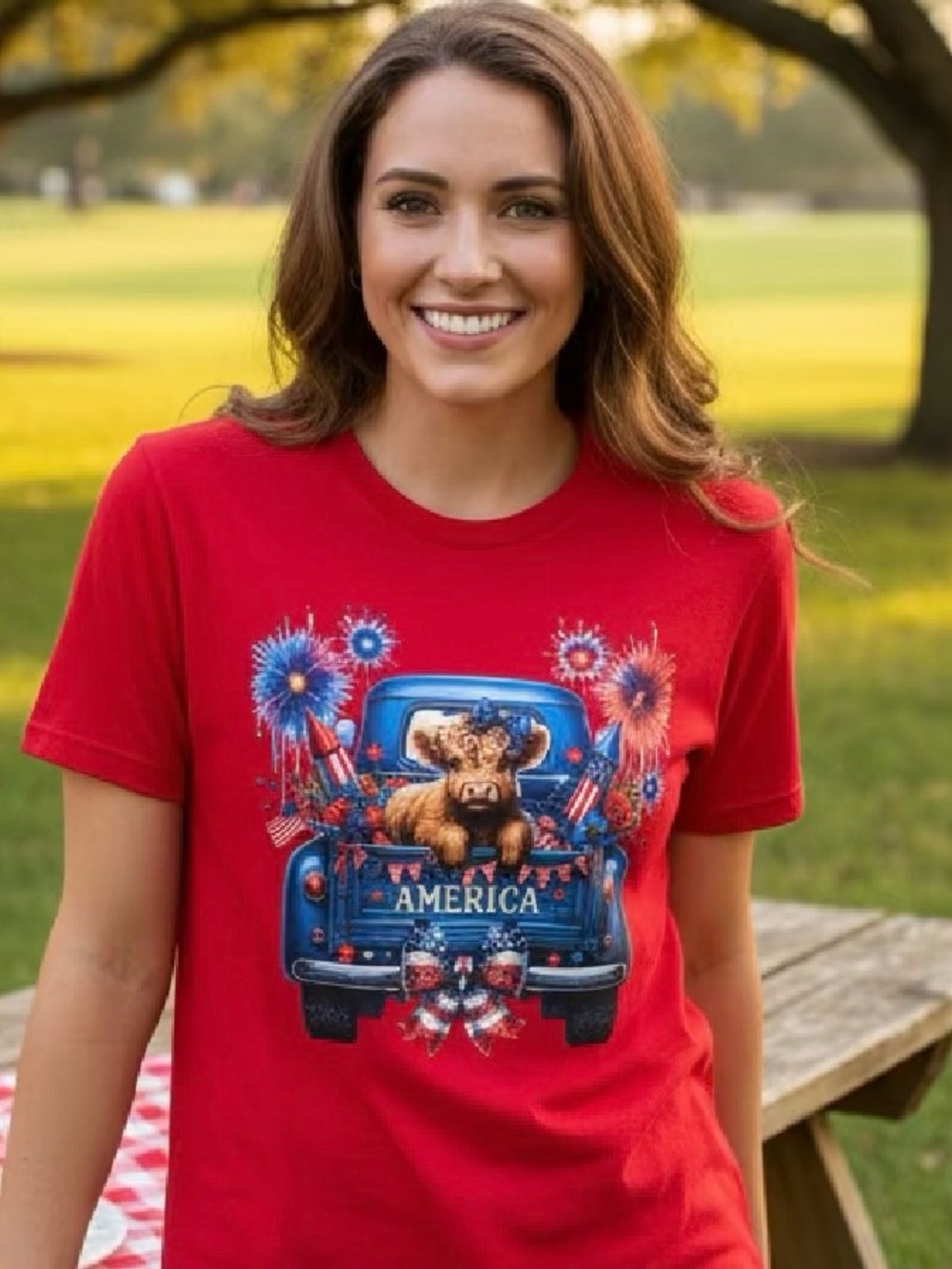 Red Patriotic 'America' Graphic Tee with Cow in Truck